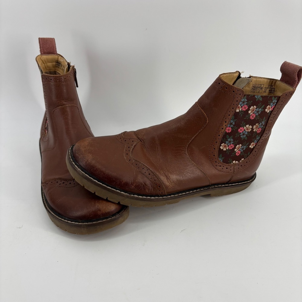 Mini Boden Boots Girls EU 37 Brown Leather Floral Wingtip Brogue Zip